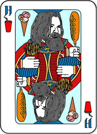 playing card illustration styled like a king holding fries and corn-dog and the letter H along with a fountain soft drink cup in corners, titled king of carbs